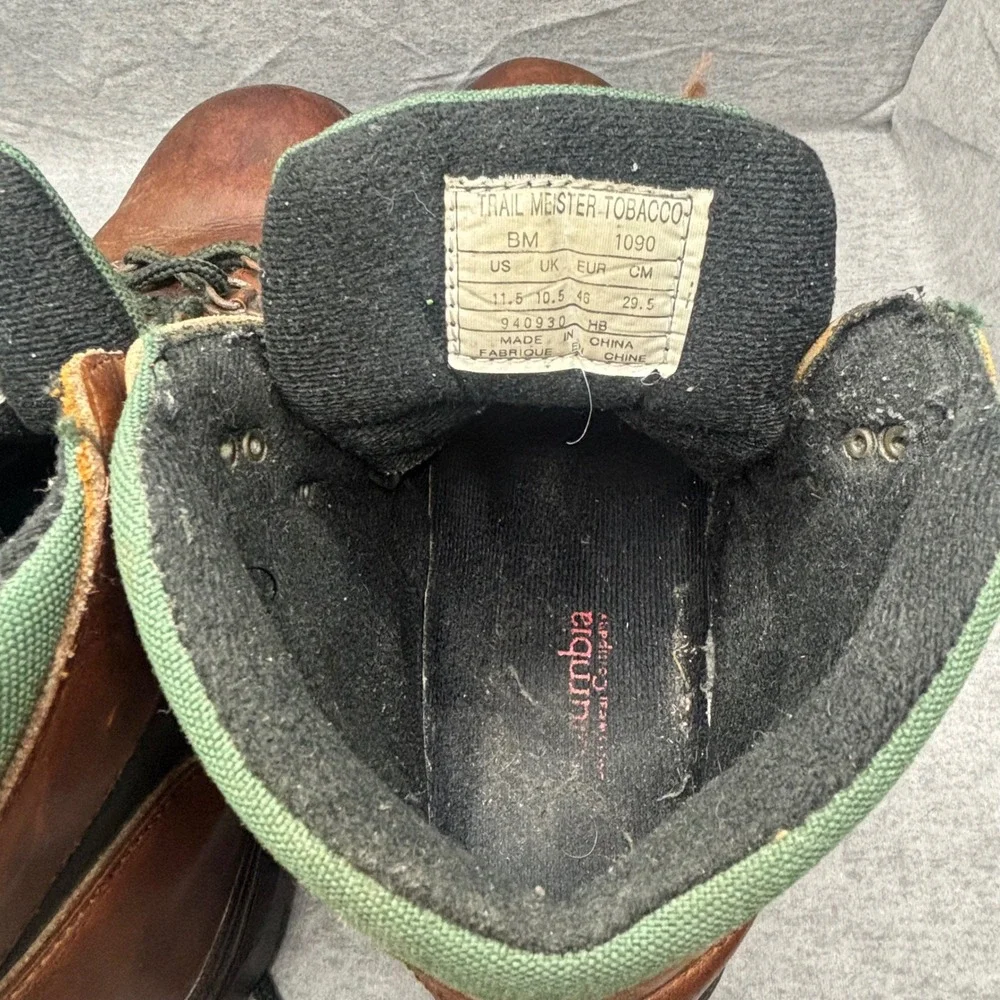 Columbia Trail Meister Tobacco Brown Green Leather Canvas Hiking Boots Mens 11.5
